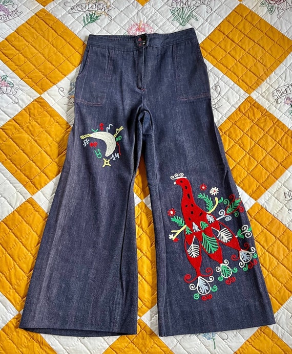 70s - MASH - Embroidered Bell Bottom Jeans, Small 