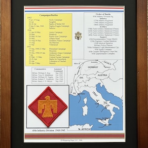 May include: Framed print detailing the 45th Infantry Division's campaigns and battles from 1943-1945. Features a map of Europe, the division's order of battle, and a patch with a red diamond and a yellow Thunderbird. Presented in a dark wood frame.