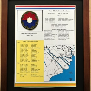 May include: Framed document detailing the 9th Infantry Division's history from 1966-1969, including major operations and battles. Features a patch with red, white, and blue colors, and a map of the region. The frame is a dark brown color.