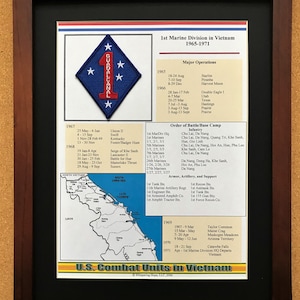 May include: Framed print of the 1st Marine Division in Vietnam, 1965-1971. The print includes a patch with the word "Guadalcanal" and the number "1". It also features a map and lists major operations and order of battle.