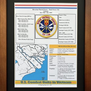 May include: Framed print detailing the Riverine Patrol Force, Task Force 116, Vietnam, Dec 1965-Dec 1969. Features a patch, map, and boat specs. The text "U.S. Combat Units in Vietnam" is at the bottom.