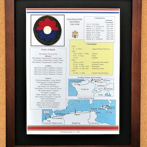 May include: Framed print detailing the 9th Infantry Division from 1941-1945, featuring a unit patch, commander list, campaigns, and order of battle. Includes maps of North Africa and Europe, with text in black and white.