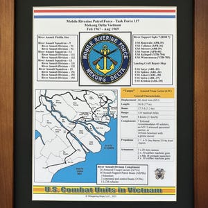 May include: Framed print of the Mobile Riverine Patrol Force in the Mekong Delta, Vietnam, featuring a map and unit details. Includes a patch with crossed rifles and anchors, plus text about the 'Tangos' armored troop carrier.