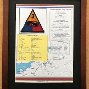May include: Framed print of the 3rd Armored Division's history, 1942-1945. Includes a patch with a yellow triangle and tank, campaign details, and a map of Europe. The frame is dark brown.