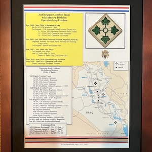 May include: Framed document detailing the 3rd Brigade Combat Team, 4th Infantry Division, Operation Iraqi Freedom. Includes a map of Iraq, unit insignia, and a list of commanders. The document is in a brown wooden frame.