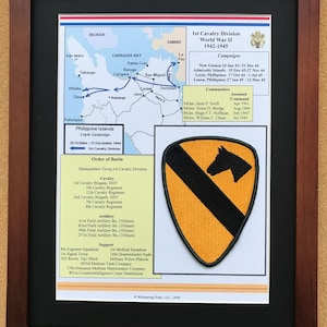 May include: Framed print of the 1st Cavalry Division in World War II, 1942-1945. Includes a map of the Philippine Islands, order of battle, and a patch with a black horse head on a yellow background. The frame is dark brown.