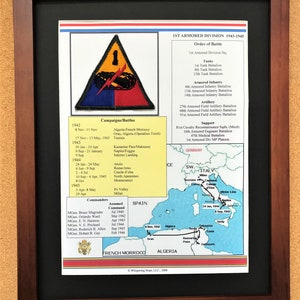 May include: Framed print of the 1st Armored Division 1943-1945. The print includes the division's insignia, order of battle, campaigns, and a map of Italy and North Africa. The frame is a dark brown color.
