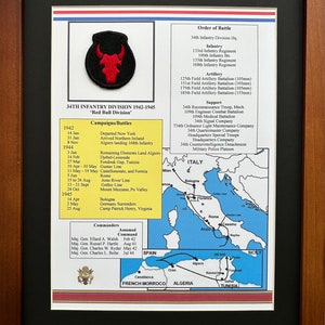 May include: Framed print of the 34th Infantry Division, also known as the 'Red Bull Division,' from 1942-1945. The print includes a patch with a red bull on a black background, campaign details, and a map of Italy. The frame is brown.