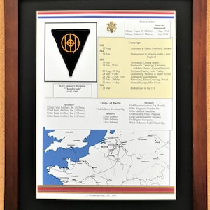 May include: Framed print featuring the 83rd Infantry Division's emblem, a black triangle with a gold design. Includes a list of commanders, campaigns, order of battle, and a map of Europe. The print is in a brown wooden frame.