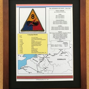 May include: Framed print of the 8th Armored Division, 1944-1945. The print includes the division's insignia, a list of campaigns and battles, and a map of the division's movements. The frame is a dark brown color.