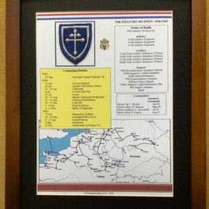 May include: Framed print of the 79th Infantry Division, 1944-1945, featuring a blue and gold patch with a cross. Includes a list of battles, order of battle, and a map of Europe. The text includes the names of commanders and the year 2006.