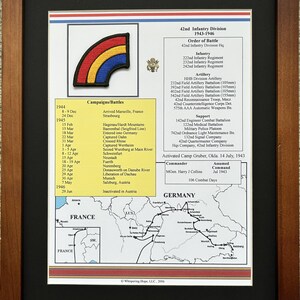 May include: Framed print detailing the 42nd Infantry Division's history from 1943-1946. Includes a patch with red, yellow, and blue colors, a list of campaigns and battles, an order of battle, and a map of Germany and France.