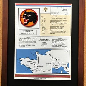 May include: Framed print featuring the 66th Infantry Division's emblem, a black panther, and details of its campaigns from 1943-1945. Includes a map of France and a list of commanders, artillery, and support units. The text reads "Black Panther Division."