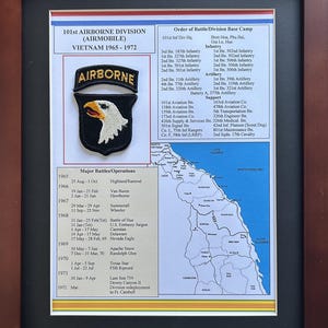 May include: Framed document detailing the 101st Airborne Division (Airmobile) in Vietnam from 1965-1972. Includes a patch with an eagle, unit information, major battles, and a map of the region.