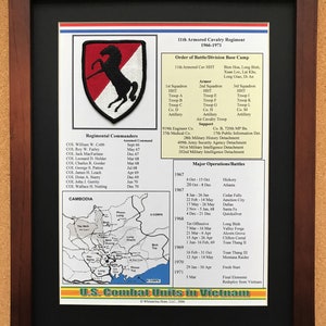 May include: Framed print of the 11th Armored Cavalry Regiment, 1966-1971. Features a black horse emblem on a red and white shield, with text detailing the order of battle, regimental commanders, and major operations in Vietnam.