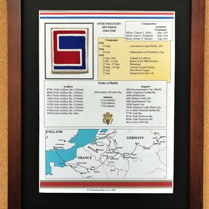 May include: Framed print of the 69th Infantry Division, 1944-1945. The print includes the division's patch, a list of campaigns, order of battle, and a map of Europe. The patch is red, white, and blue. The frame is dark brown.
