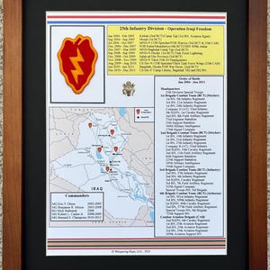 May include: Framed print featuring the 25th Infantry Division's Operation Iraqi Freedom details. Includes a map of Iraq, unit information, and commander names. The division's emblem, a red shield with a yellow lightning bolt, is prominently displayed.