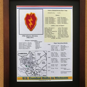 May include: Framed print detailing the 25th Infantry Division from 1966-1971, featuring a red and yellow lightning bolt emblem. Includes division commanders, order of battle, and major operations. A map of Cambodia and Vietnam is also present.