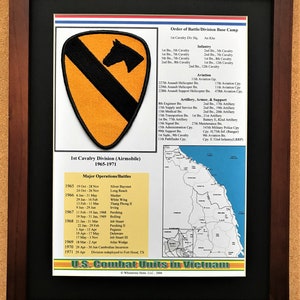 May include: Framed print of the 1st Cavalry Division (Airmobile) in Vietnam, 1965-1971. The print includes the division's patch, a list of units, major operations, and a map of the region. The frame is dark brown.