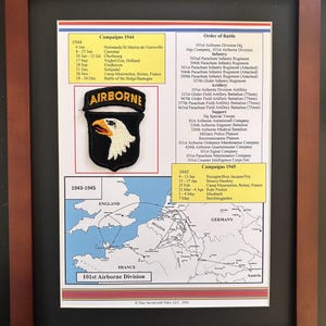 May include: Framed print featuring the 101st Airborne Division. The print includes a map of Europe, a patch with an eagle, and lists of campaigns from 1944 and 1945. The text includes the years 1943-1945 and the words "AIRBORNE".