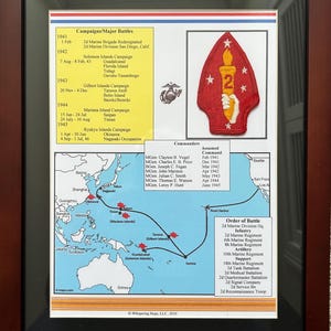 May include: Framed print featuring a red and white Marine Corps emblem with a map of the Pacific theater and campaign details. Includes a list of commanders and battles from 1941-1946. The frame is dark brown.