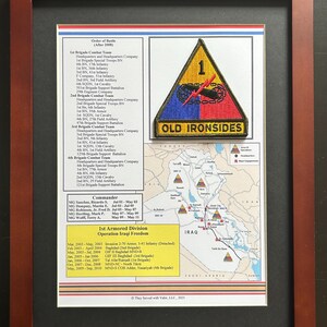 May include: A framed display featuring a triangular 1st Armored Division patch with a red lightning bolt and the text OLD IRONSIDES. The display includes an Order of Battle list, a map of Iraq showing military operations, and a list of commanders.
