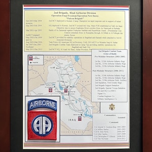82e division aéroportée, 2e brigade de combat Falcon Brigade, insigne et historique de l'opération Iraqi Freedom (OIF), encadré 28 x 35,5 cm – Samawah Tallil Taji