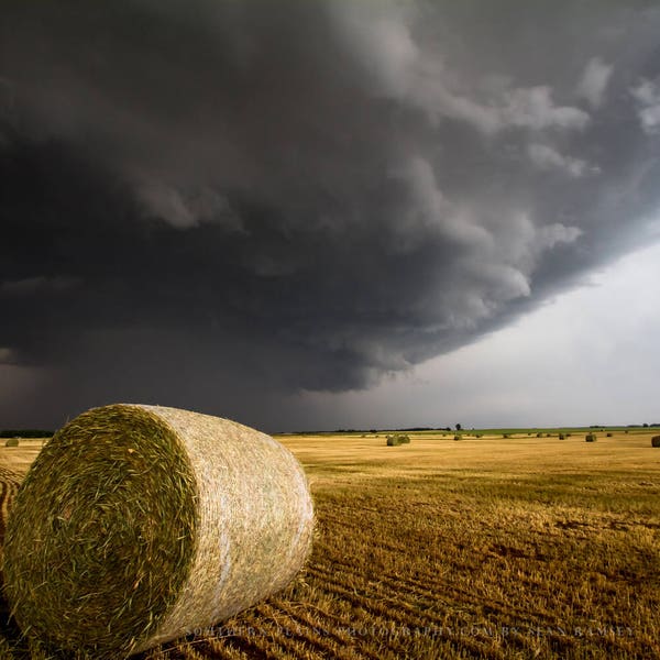 Country Photography Print - Picture of Golden Round Hay Bale Under Thunderstorm in Kansas Storm Wall Art Farm Photo Farmhouse Decor