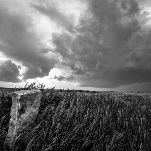 Black and White Photography Print - Wall Art Picture of Old Limestone Marker and Prairie Grass in Storm on Kansas Prairie Western Decor