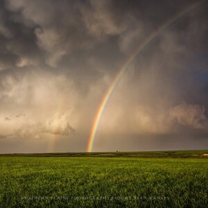 Nature Photography Print - Picture of Brilliant Rainbow Shining in Stormy Sky on Spring Day in Oklahoma Landscape Wall Art Plains Decor