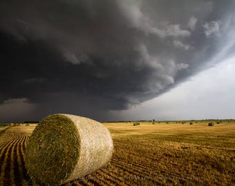 Country Photography Print - Picture of Golden Round Hay Bale Under Thunderstorm in Kansas Storm Wall Art Farm Photo Farmhouse Decor