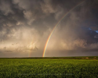 Nature Photography Print - Picture of Brilliant Rainbow Shining in Stormy Sky on Spring Day in Oklahoma Landscape Wall Art Plains Decor