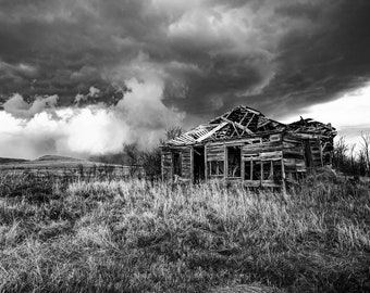 Black and White Photography Art Print - Picture of Old Abandoned House and Passing Storm On Kansas Prairie Vintage Style Rustic Decor