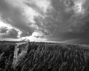 Black and White Photography Print - Wall Art Picture of Old Limestone Marker and Prairie Grass in Storm on Kansas Prairie Western Decor