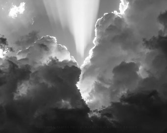 Inspirational Wall Art - Black and White Picture of Sunbeams from Storm Clouds in Oklahoma - Sky Photography Photo Print Artwork Decor