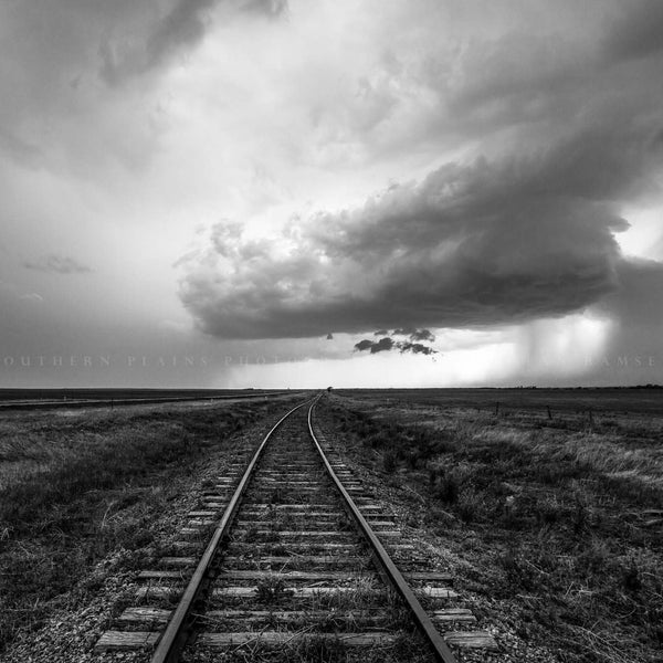 Wanderlust Wall Art - Black and White Picture of Train Tracks and Storm Cloud in Kansas Railroad Photography Photo Print Artwork Decor