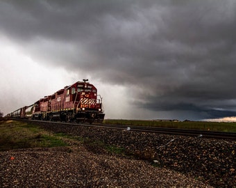 Train Photography Print - Fine Art Photograph of Train Moving Away From Thunderstorm in Central Oklahoma Train Collector Art Railroad Photo