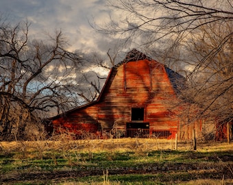 Red Barn Photography Print - Wall Art Landscape Picture of Rustic Barn on Late Autumn Day in Oklahoma Western Farmhouse Photo Decor