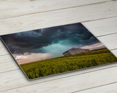 Barn Photography Metal Wall Art - Aluminum Print of Storm Behind Rusted Tin Barn and Green Wheat Field in Southwest Oklahoma Country Decor