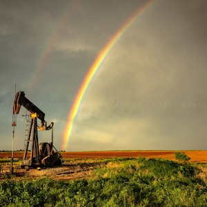 Oilfield Photography Print - Picture of Rainbow Ending at Pump Jack on Stormy Spring Day in Texas Oil and Gas Wall Art Western Decor