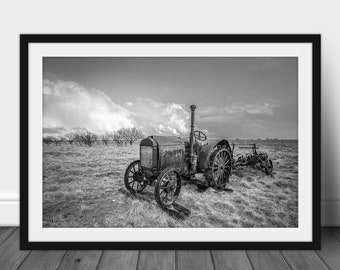 Framed Print with Optional Mat - Black and White Picture of McCormick-Deering Tractor in Texas Farm Wall Art Rustic Farmhouse Decor