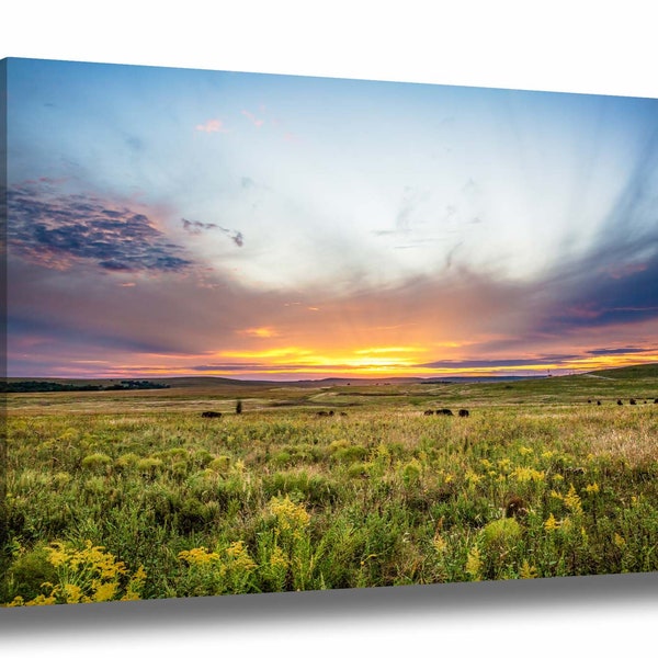 Great Plains Canvas Wall Art (Ready to Hang) Gallery Wrap of Sunset Over Tallgrass Prairie in Oklahoma Landscape Photography Western Decor