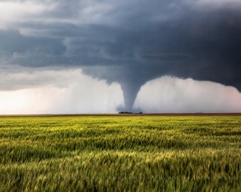 Storm Photography Print - Picture of Large Tornado Passing Behind Farmhouse on Stormy Day in Kansas Thunderstorm Wall Art Weather Decor