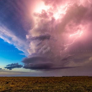 Storm Photography Print - Picture of Supercell Thunderstorm Illuminated by Lightning at Dusk in Kansas Stormy Sky Wall Art Nature Decor