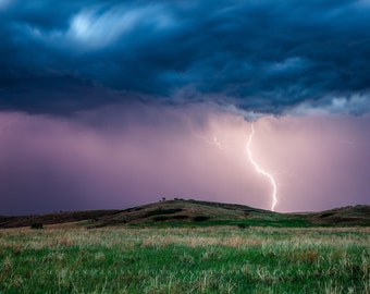 Storm Photography Print - Picture of Lightning Strike on Hill at Dusk in Kansas - Great Plains Weather Wall Art Prairie Landscape Decor