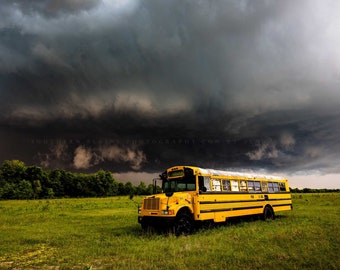 Storm Photography Print - Picture of Thunderstorm Over Abandoned School Bus on Stormy Day in Oklahoma Classroom Wall Art Education Decor