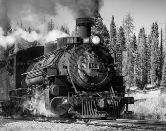 May include: A black and white photograph of a vintage steam locomotive train engine with smoke billowing from the smokestack. The engine is numbered 484 and is surrounded by a snowy forest.