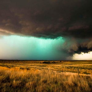 Storm Photography Print: Texas Panhandle Thunderstorm Teal Stormy Sky Western Rainy Weather Canvas Metal Framed Picture Photo Wall Art Decor