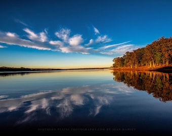 Oklahoma Photography Print - Fine Art Picture of Clouds Reflecting Off Water at Lake Thunderbird on Fall Day Nature Wall Art Home Decor