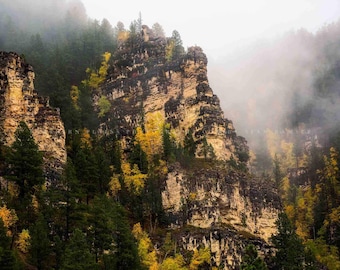 Spearfish Canyon Photography Print: South Dakota Black Hills Foggy Autumn Landscape Nature Canvas Metal Framed Picture Photo Wall Art Decor